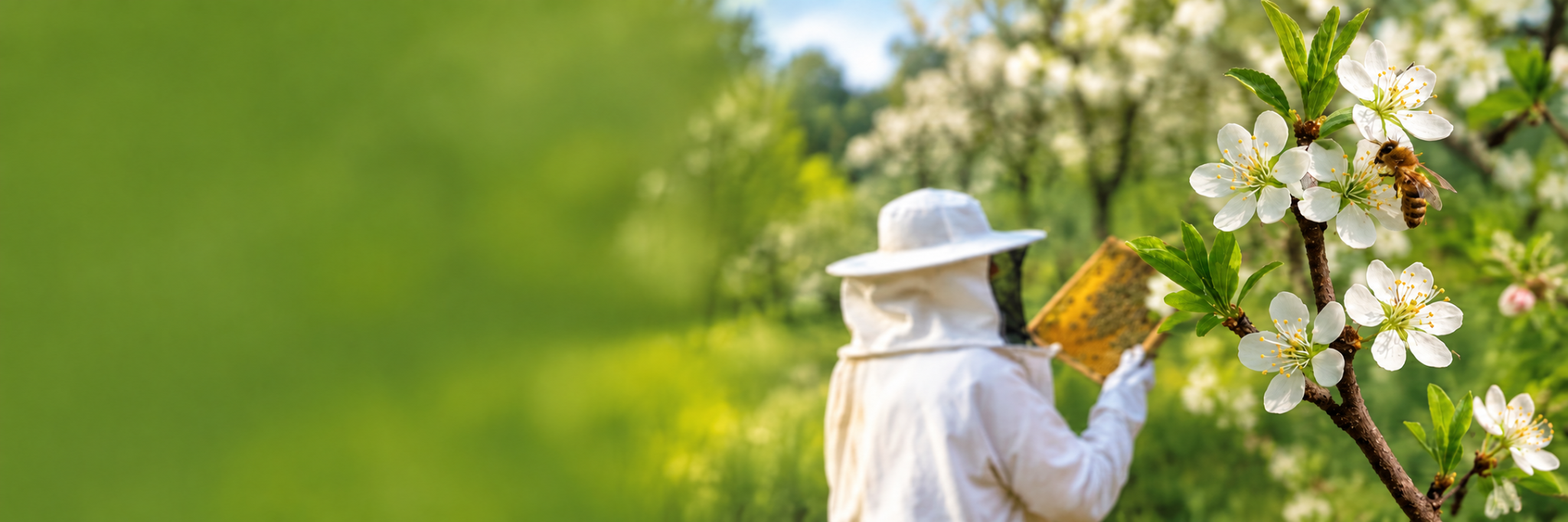 Apiculteur au rucher, fleurs blanches et abeille